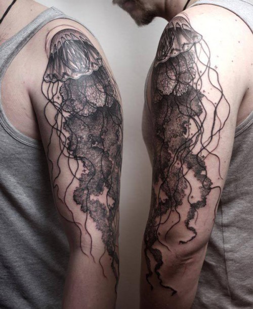 Great painted big black and white jelly-fish tattoo on shoulder