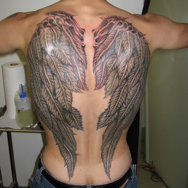 Great painted black and white wings tattoo on whole back