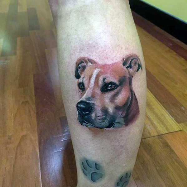 Great painted natural looking colored cute dog portrait tattoo on leg