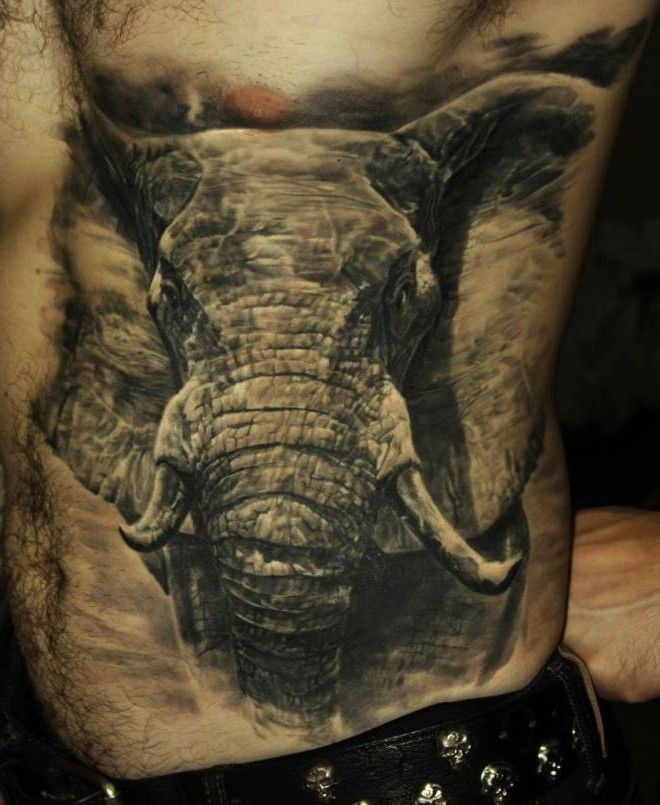 Tatuaggio grande realistico  sul fianco l&quotelefante