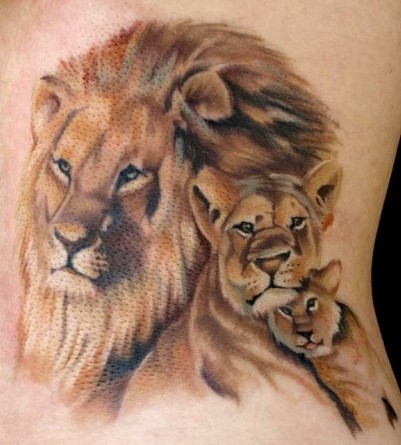 Great realistic lion family tattoo on ribs