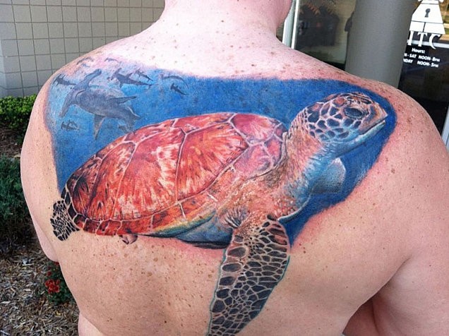 Great sea turtle and underwater world tattoo on back for men