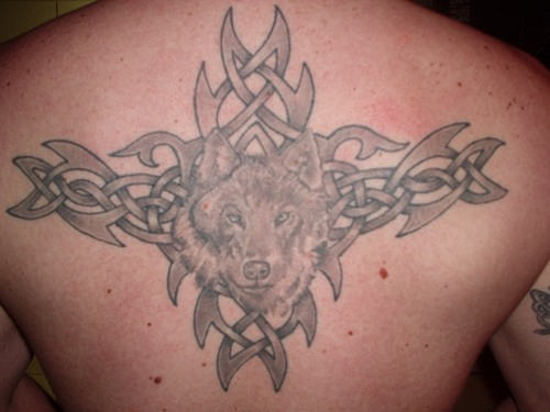 Tatuaje en la espalda, lobo, rayos cruzados