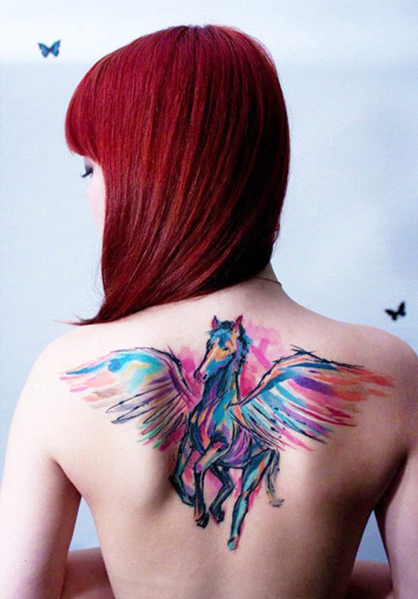 Great watercolor  horse tattoo on back