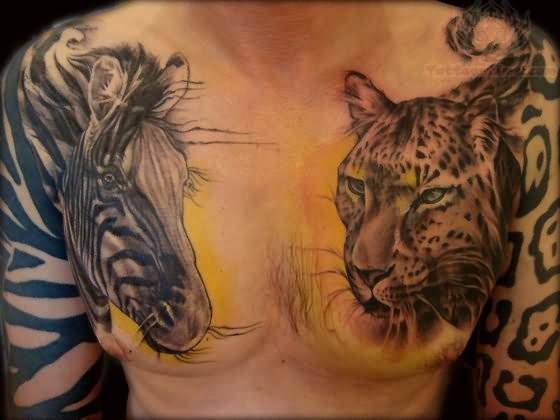 Great wold life themed colored leopard and zebra tattoo on chest