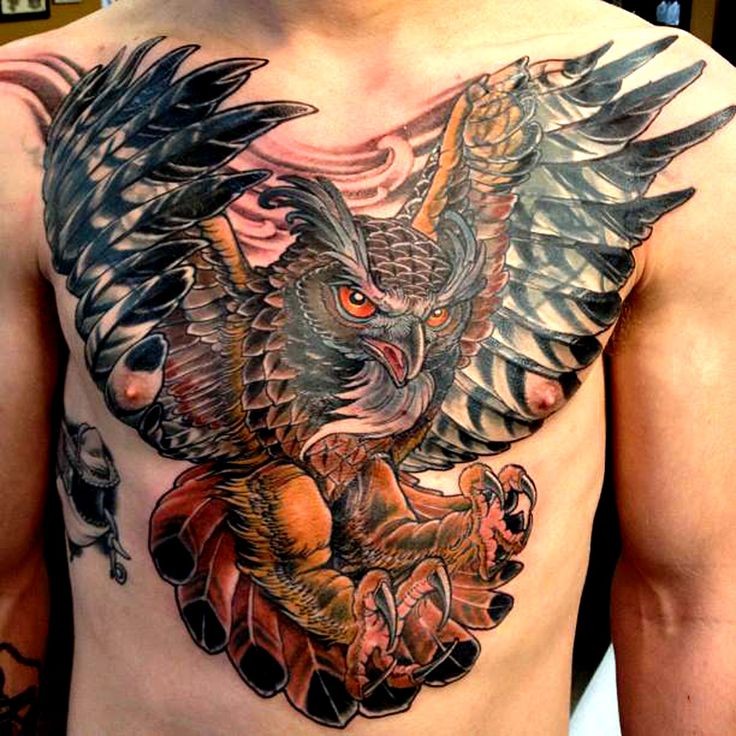 Great wonderful owl tattoo on chest by Adam Hayes