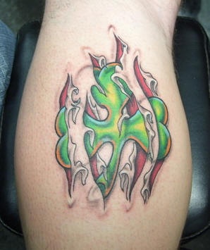 Green clover under skin rip tattoo