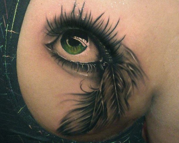 Green eye with feather tattoo