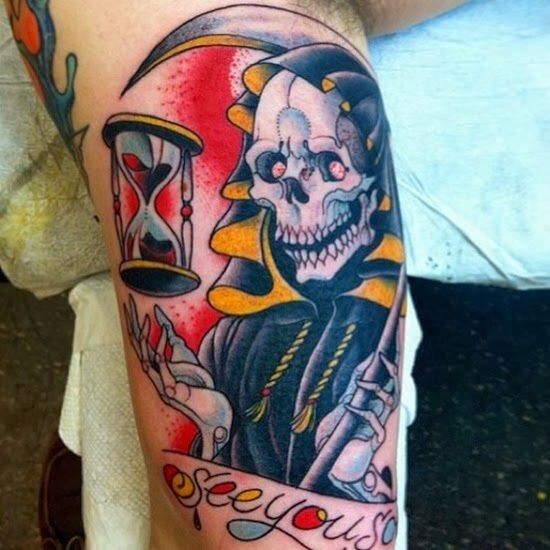 Colored grim reaper with sand clock tattoo