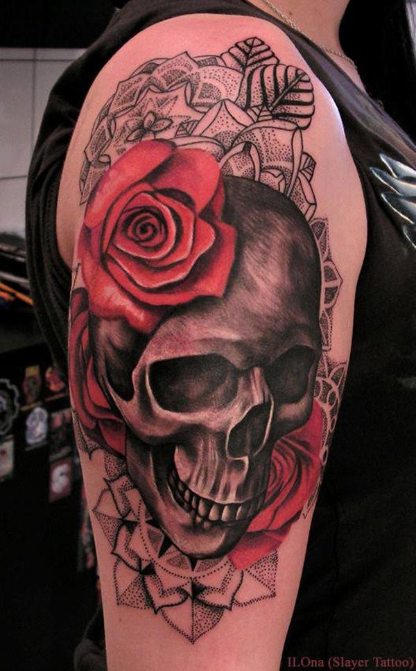 Half 3D half dot style colored shoulder tattoo of human skeleton stylized with flowers