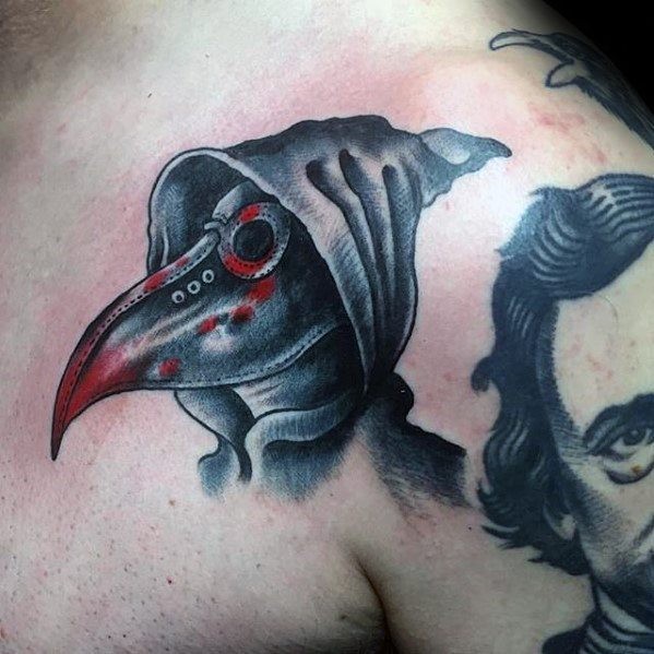 Half colored collarbone tattoo of plague doctor