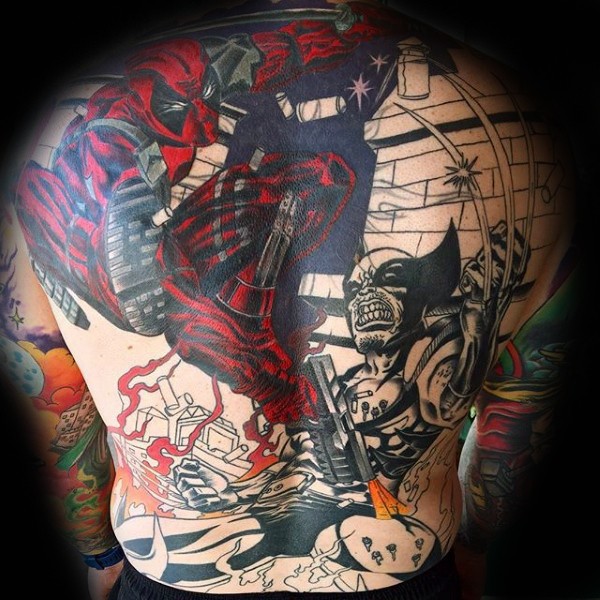 Half colored whole back tattoo of Deadpool with various X-man heroes