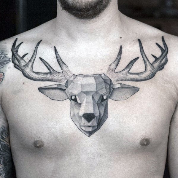 Half geometric half engraving style black ink chest tattoo of deer head with horns