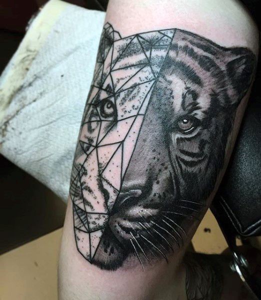 Half realism half geometric style black and white shoulder tattoo of tiger head