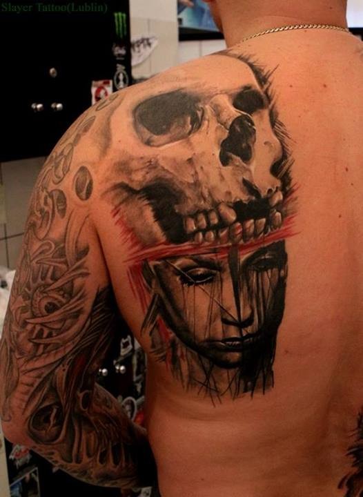 Half skull and half face of a girl tattoo by Daniel Melaniuk