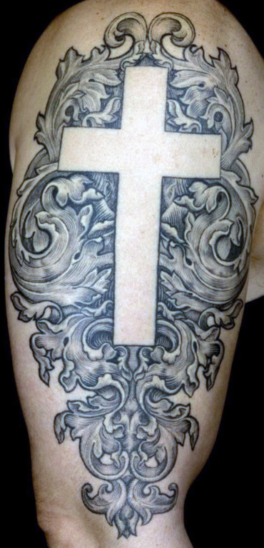 Half sleeve white cross tattoo for men
