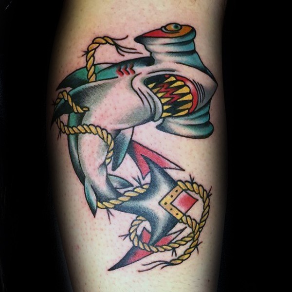 Hammerhead shark with roped anchor tail colored old school style tattoo
