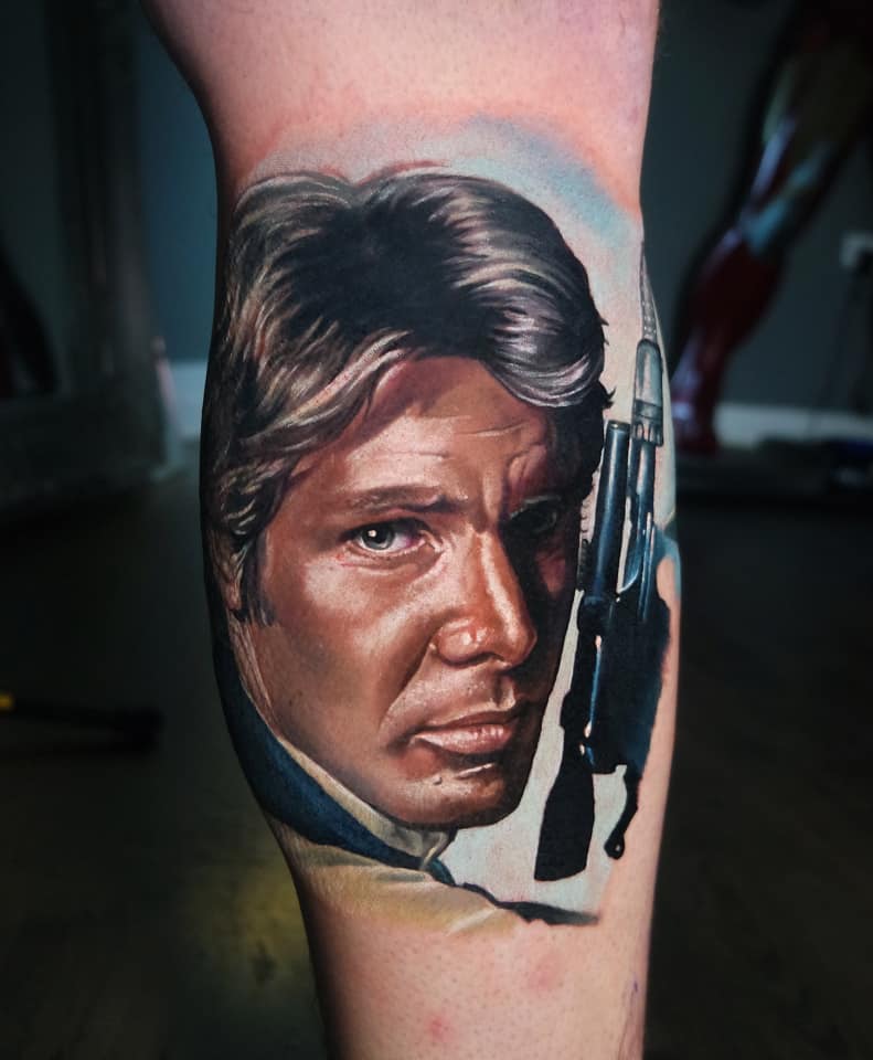 Han Solo from Star Wars tattoo on leg