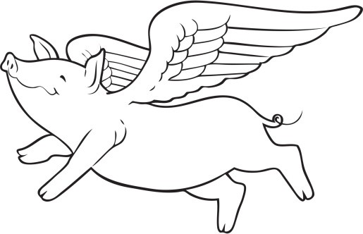 Happy outline flying pig with angel wings tattoo design