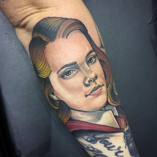 Harry Potter movie themed colored forearm tattoo of Hermione Granger portrait