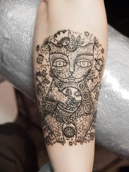 Tinta preta estilo Henna para meninas tatuagem de gato com ornamentos