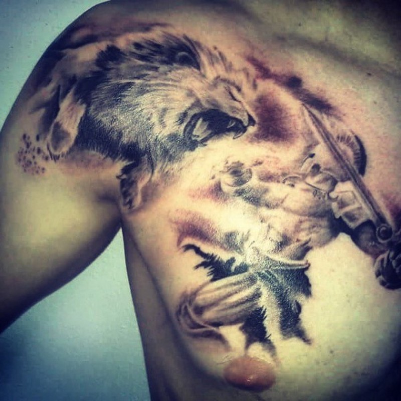 Hilarious colored ancient Greece warrior fighting lion tattoo on chest and shoulder