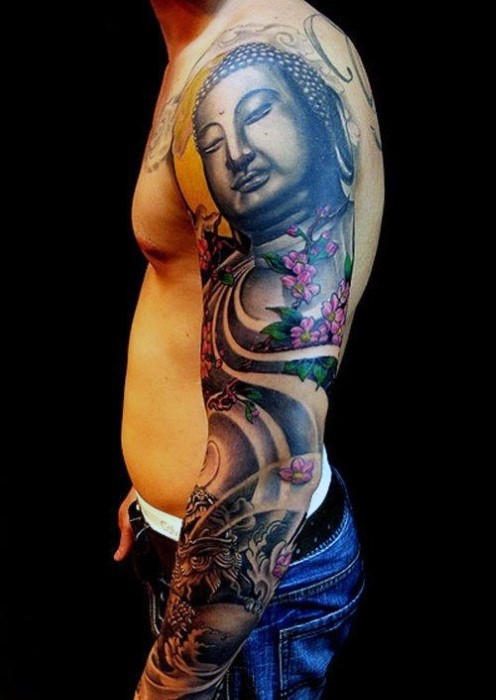 Hinduism magnificent Buddha and pink flowers Asian sleeve tattoo with dragon
