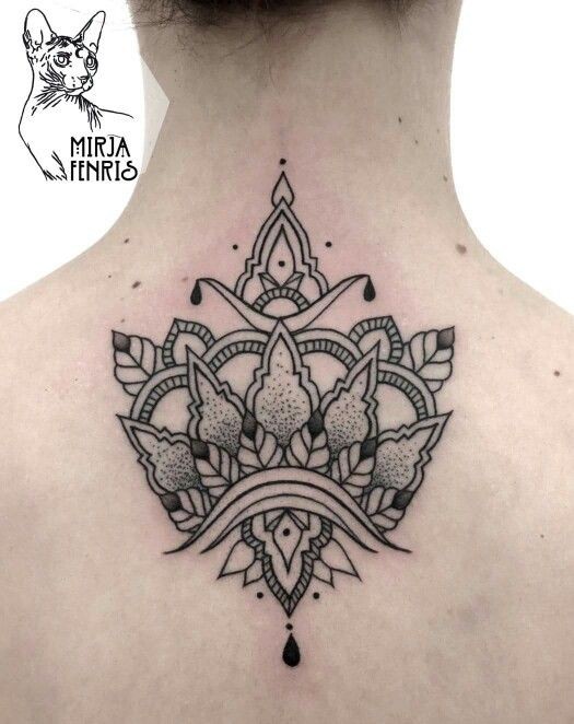 Hinduism style black ink back tattoo of beautiful ornaments
