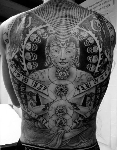 Hinduism style black ink whole back tattoo of meditating Buddha with lettering and skulls