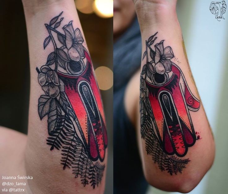 Hinduism style colored arm tattoo of mystic symbol by Joanna Swirska