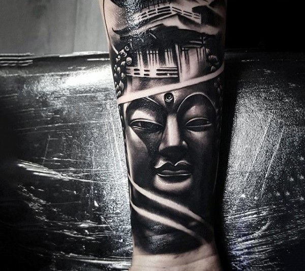 Hinduism style colored forearm tattoo of Buddha statue and old house