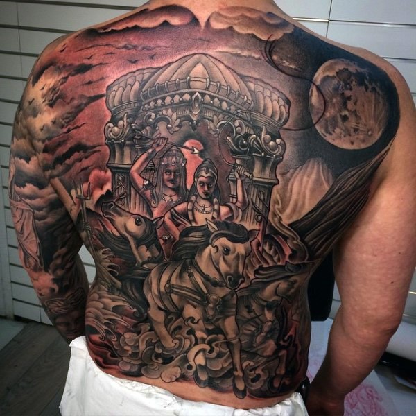 Hinduism style colored large horse carriage tattoo on whole back stylized with night sky