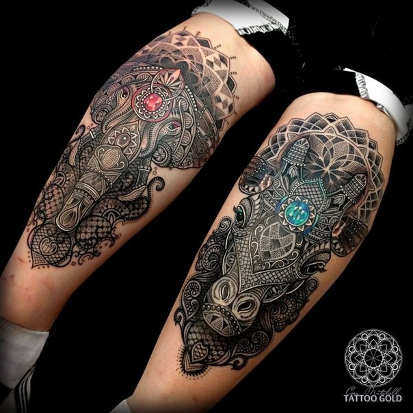 Hinduism style colored legs tattoo of various saint animals with jewelry