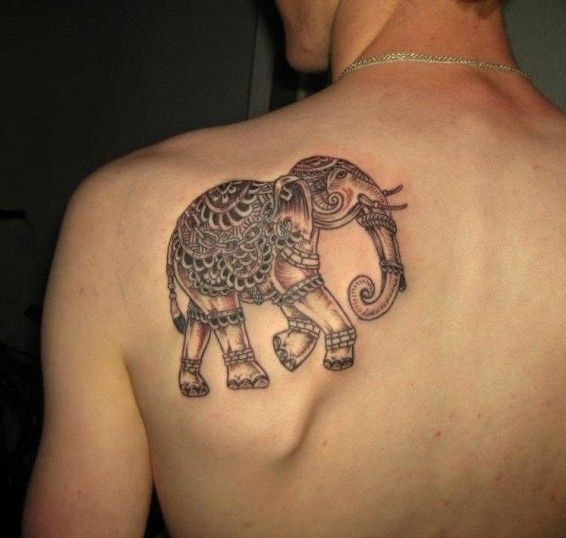 Hinduism style painted little detailed elephant tattoo on shoulder