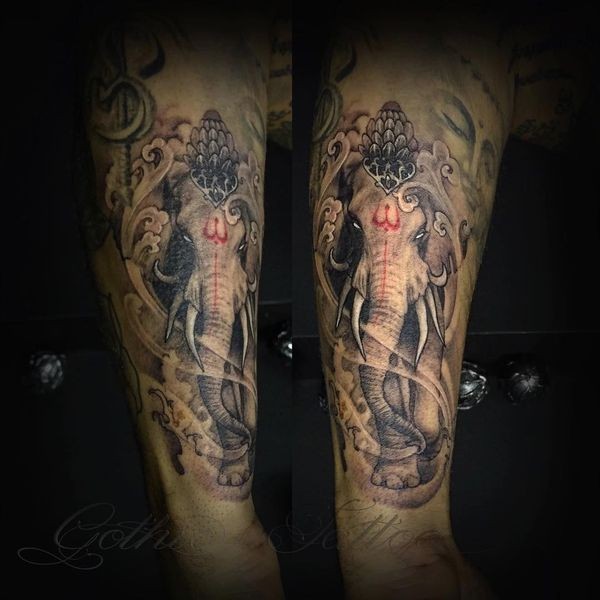 Hinduism themed colored arm tattoo of big saint elephant