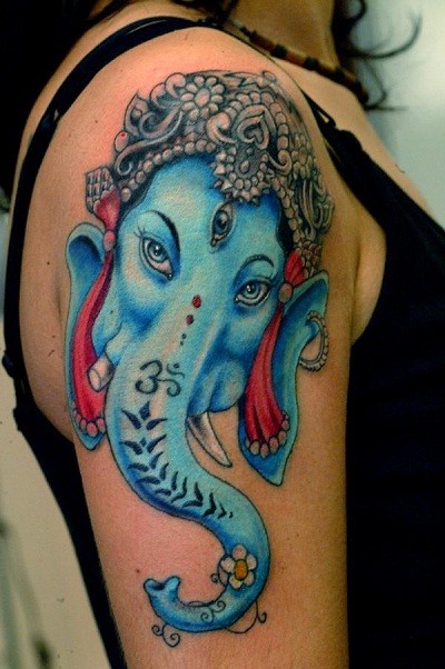 Hinduism themed colored shoulder tattoo of saint elephant