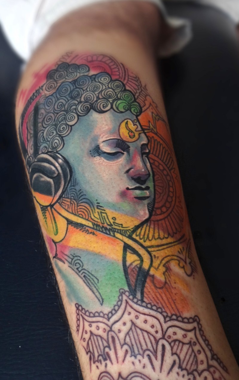 Hinduism themed colored tattoo of Buddha statue with ornaments