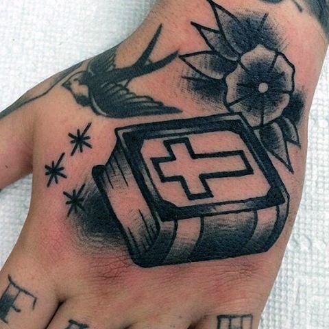 Holy Bible, swallow bird and flower black and white hand tattoo in old school style