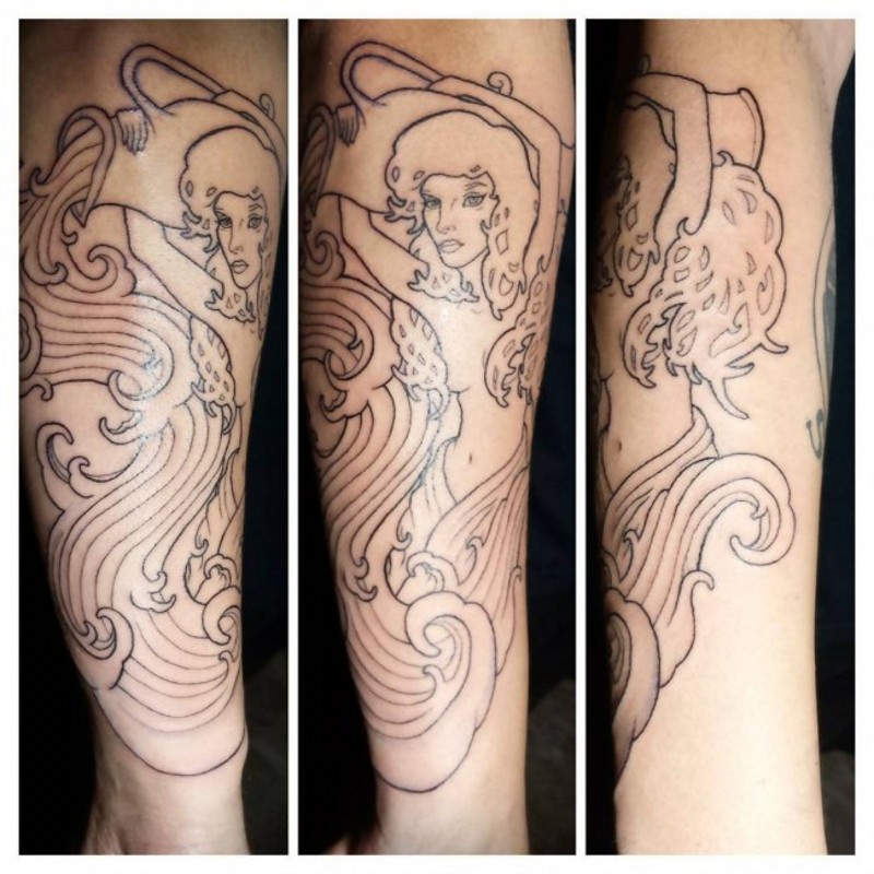 Homemade black ink forearm tattoo of woman Aquarius