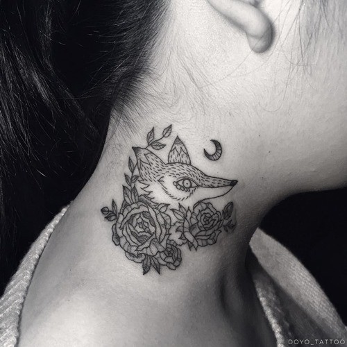 Homemade black ink fox tattoo on neck combined with moon and flowers