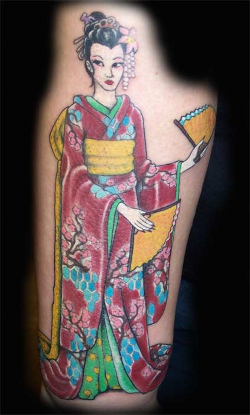 Homemade colored forearm tattoo of geisha woman in nice dress