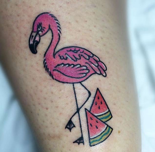 Homemade colored pink flamingo tattoo with watermelon pieces
