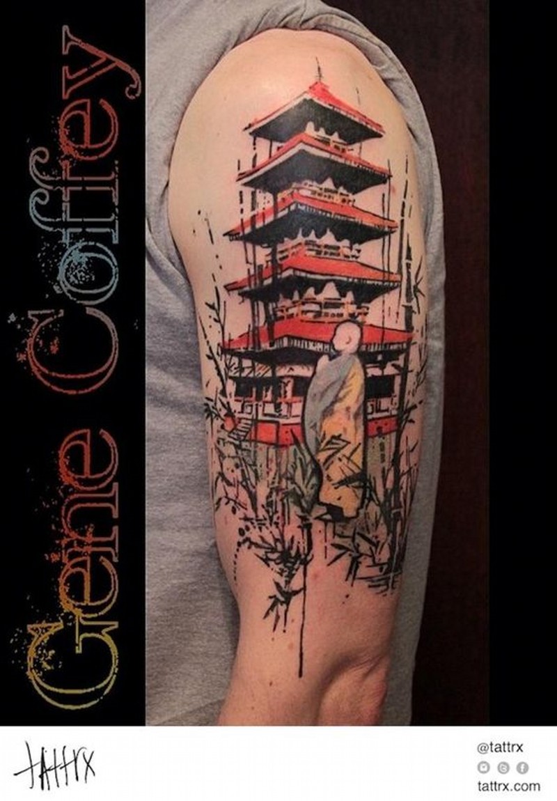 Homemade colorful shoulder tattoo of old temple with monk