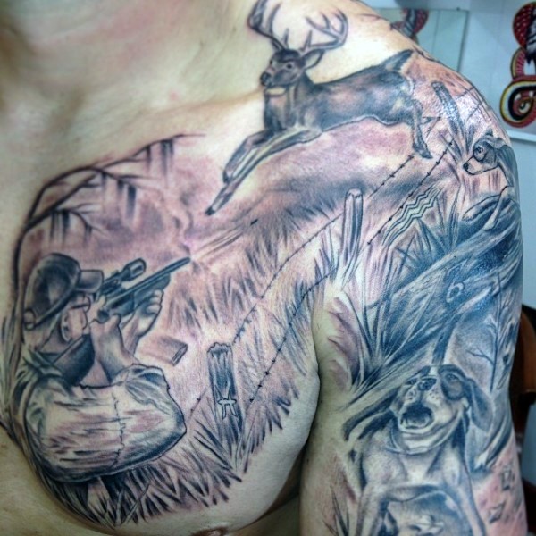 Homemade hunting themed black and gray style chest and shoulder tattoo
