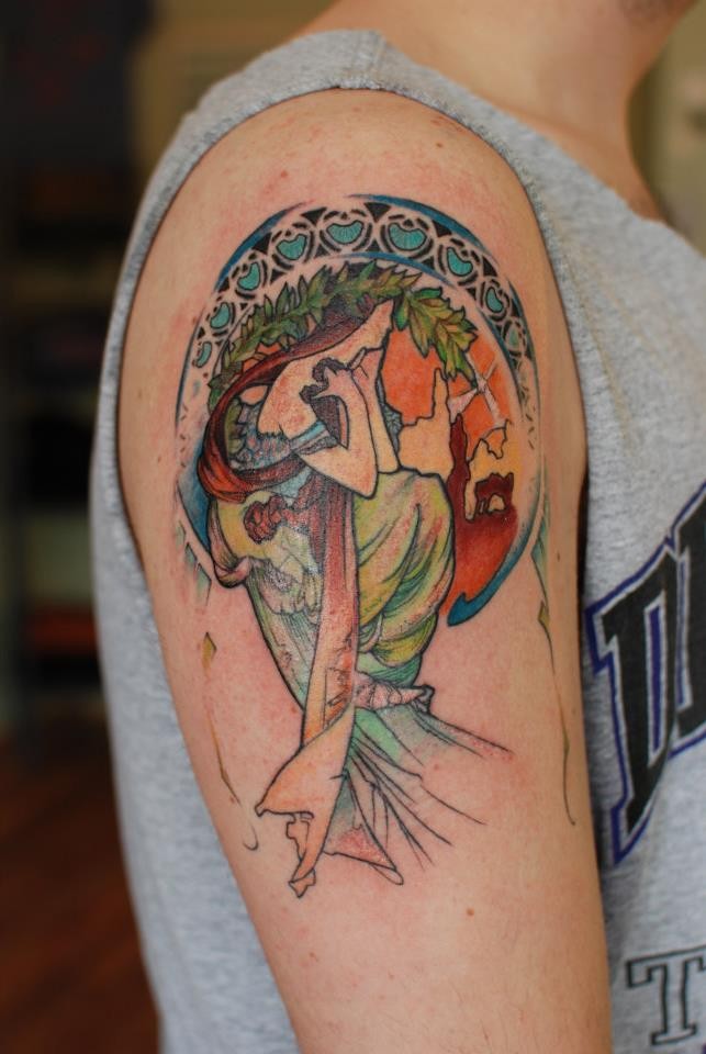 Homemade illustrative style colored shoulder tattoo of woman