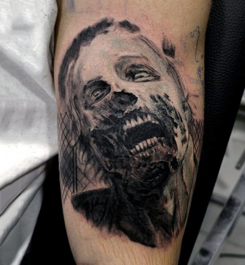 Homemade like black and white creepy zombie tattoo on forearm