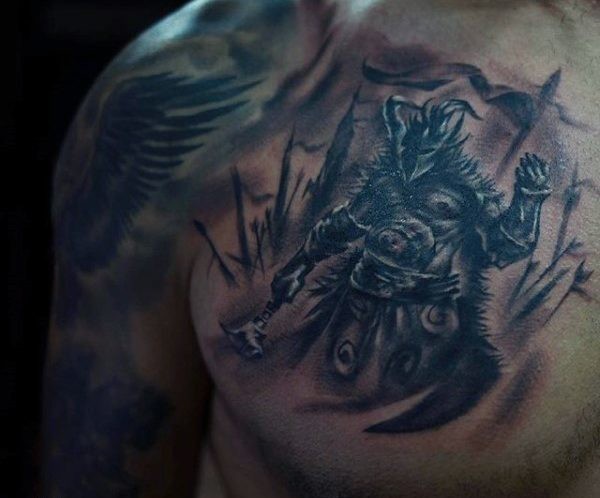 Homemade like black ink little chest tattoo of dark fantasy warrior
