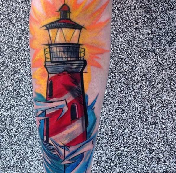 Homemade like colored forearm tattoo of big lighthouse