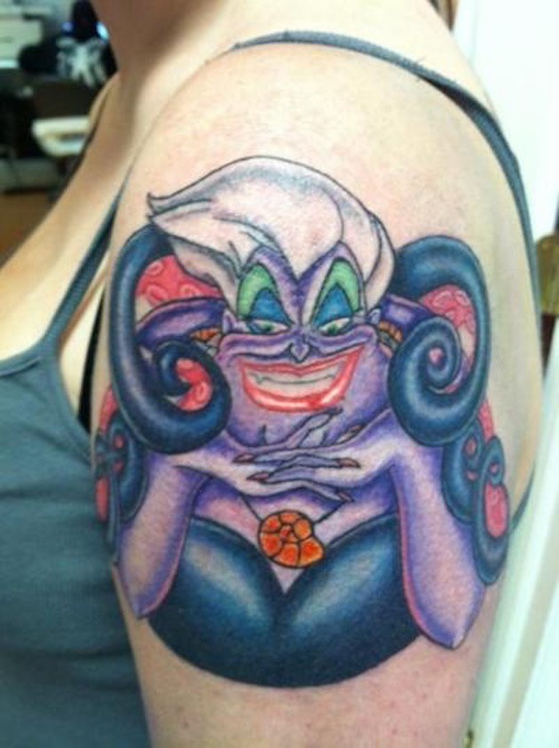 Homemade like colored shoulder tattoo of Ariel cartoon villain