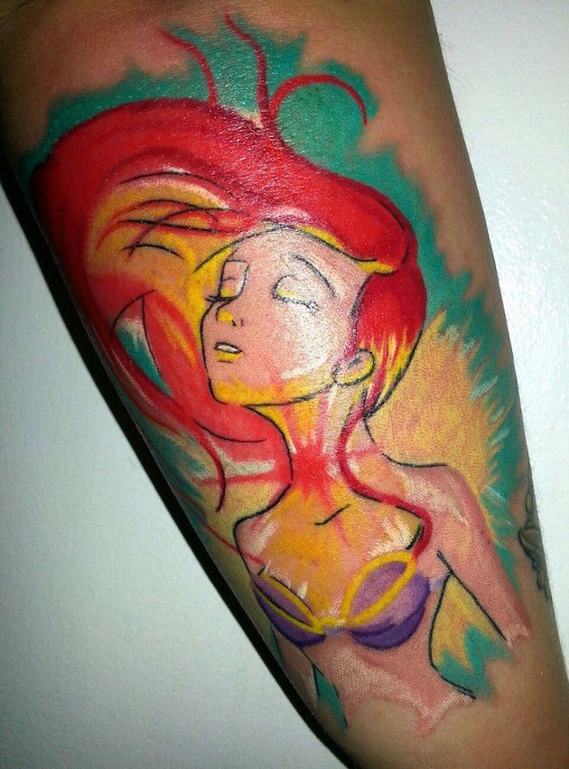Homemade like watercolor painted cartoon Ariel mermaid tattoo